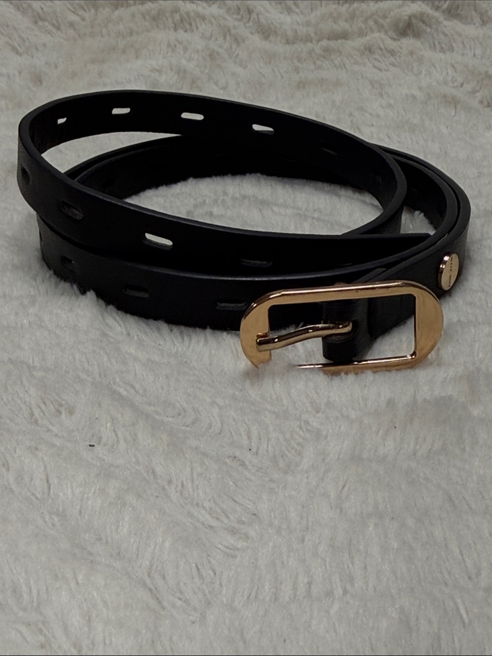 Anne Klein skinny vegan belt black with gold  buckle, adjusts to any length